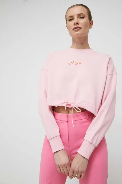 HUGO bluza bawełniana damska kolor różowy z nadrukiem