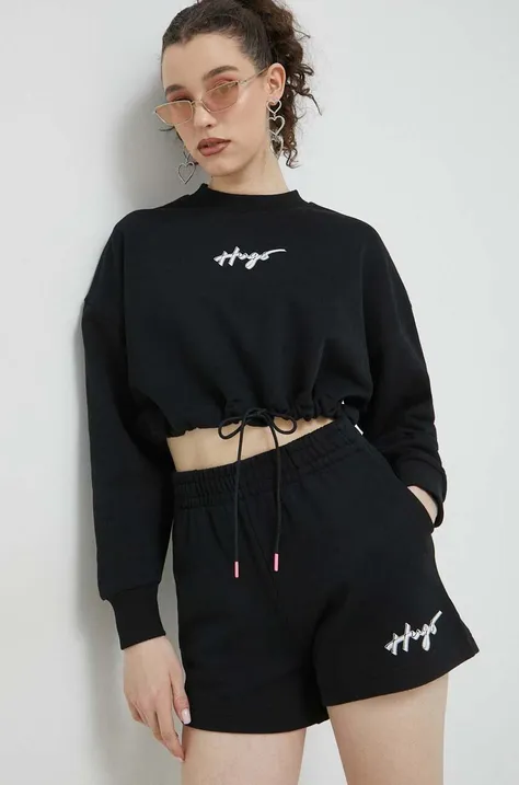 Βαμβακερή μπλούζα HUGO γυναικεία, χρώμα: μαύρο