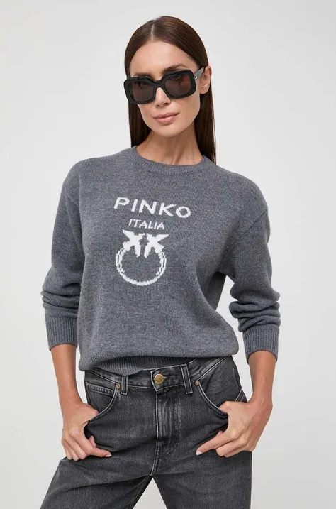 Vlnený sveter Pinko dámsky, šedá farba, tenký