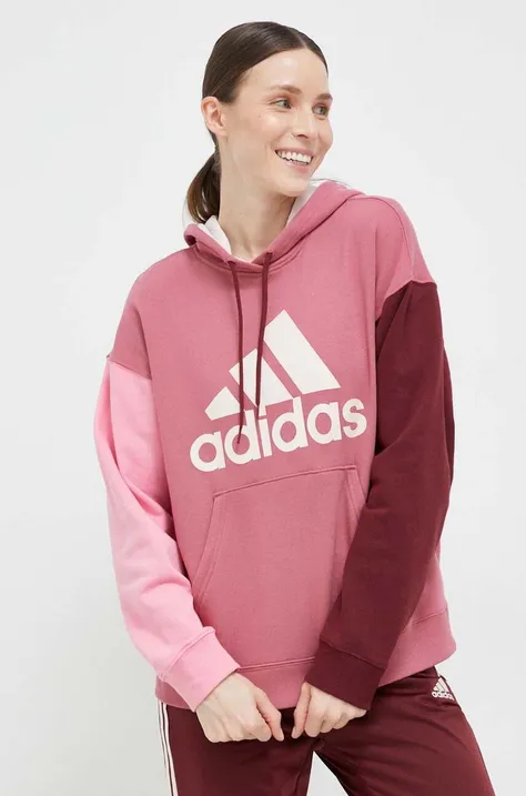 Bavlněná mikina adidas dámská, růžová barva, s kapucí, vzorovaná