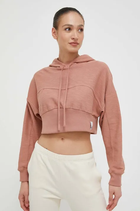 Bombažen pulover adidas ženska, rjava barva, s kapuco