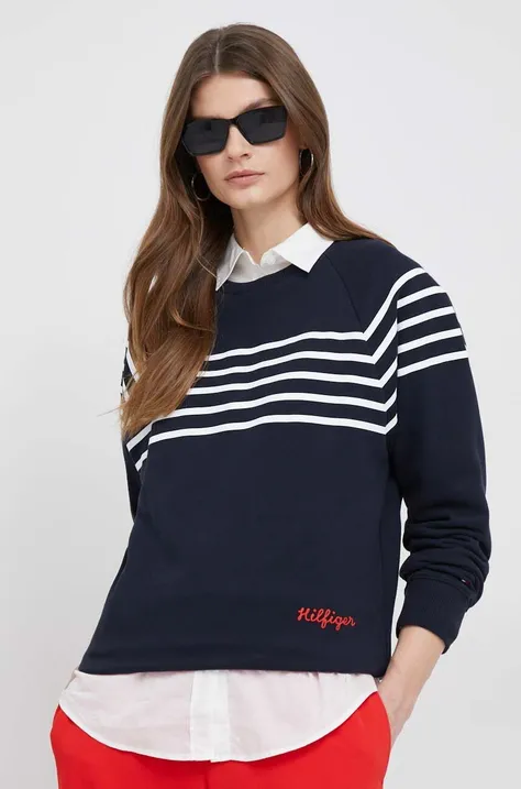 Bombažen pulover Tommy Hilfiger ženska, mornarsko modra barva