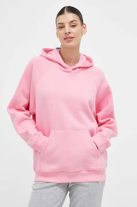 Mikina adidas dámská, růžová barva, s kapucí, hladká