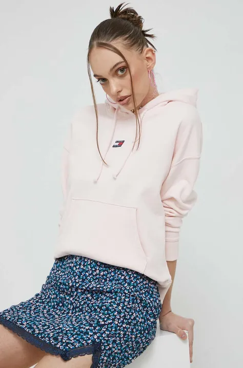 Pamučna dukserica Tommy Jeans za žene, boja: ružičasta, s kapuljačom, s aplikacijom