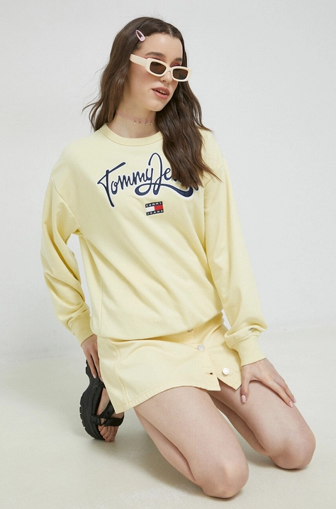 Tommy Jeans bluza femei, culoarea galben, cu imprimeu