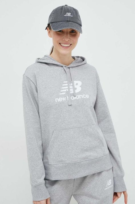 Μπλούζα New Balance χρώμα: γκρι, με κουκούλα