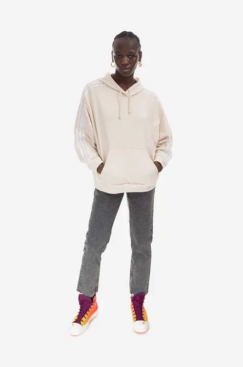 Βαμβακερή μπλούζα adidas Originals γυναικεία, χρώμα μπεζ, με κουκούλα IB7453