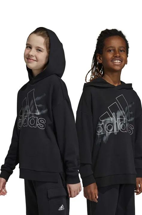 Otroški bombažen pulover adidas črna barva, s kapuco