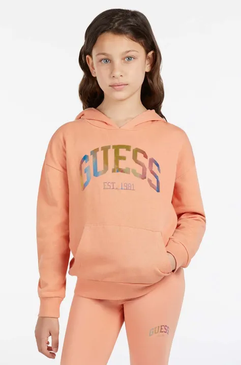 Детская хлопковая кофта Guess цвет оранжевый с капюшоном с аппликацией