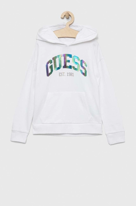 Дитяча бавовняна кофта Guess колір білий з капюшоном з аплікацією