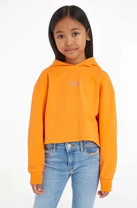 Παιδική μπλούζα Calvin Klein Jeans χρώμα: πορτοκαλί, με κουκούλα