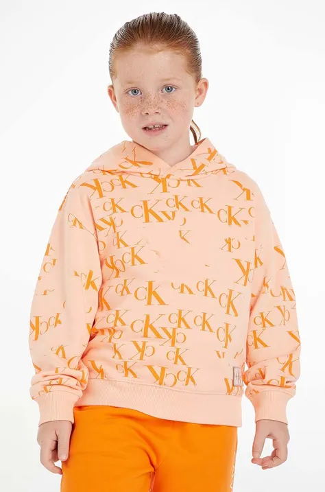 Detská mikina Calvin Klein Jeans oranžová farba, s kapucňou, vzorovaná