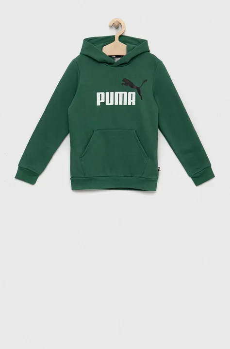 Puma bluza dziecięca ESS+ 2 Col Big Logo Hoodie FL B kolor zielony z kapturem wzorzysta