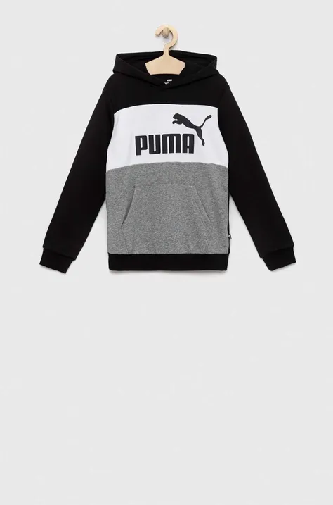 Дитяча кофта Puma ESS Colorblock Hoodie TR B колір чорний з капюшоном візерунок