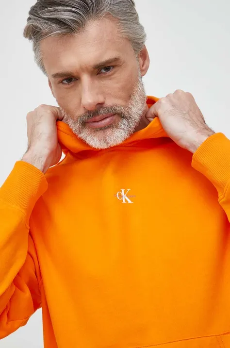 Calvin Klein Jeans bluza bawełniana męska kolor pomarańczowy z kapturem z nadrukiem