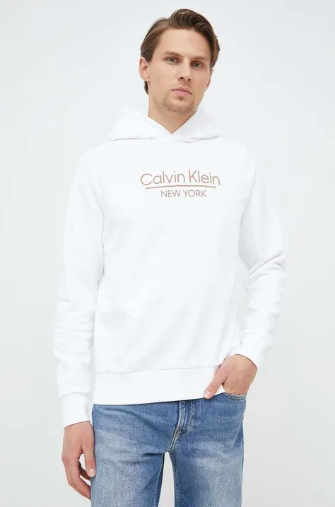 Bavlnená mikina Calvin Klein pánska, biela farba, s kapucňou, vzorovaná