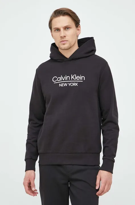 Bavlněná mikina Calvin Klein pánská, černá barva, s kapucí, vzorovaná