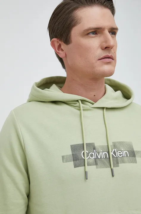Pamučna dukserica Calvin Klein za muškarce, boja: zelena, s kapuljačom, s aplikacijom