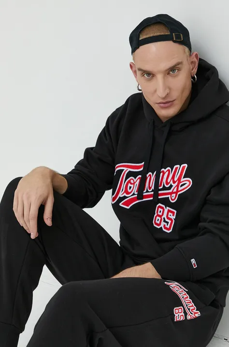 Dukserica Tommy Jeans za muškarce, boja: crna, s kapuljačom, s aplikacijom