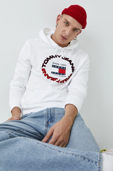 Хлопковая кофта Tommy Jeans мужская цвет белый с капюшоном с принтом