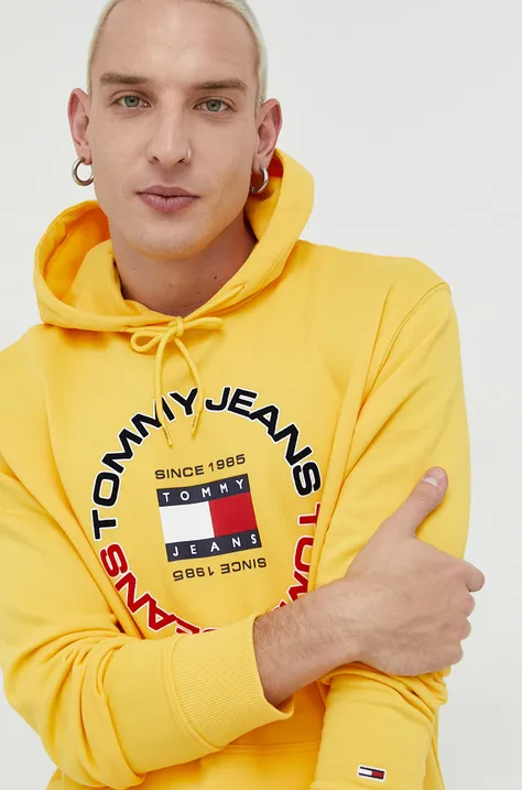 Bombažen pulover Tommy Jeans moška, rumena barva, s kapuco