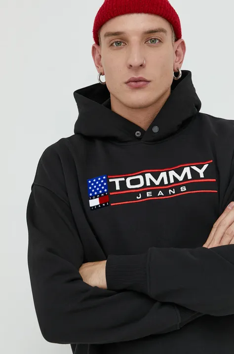 Dukserica Tommy Jeans za muškarce, boja: crna, s kapuljačom, s aplikacijom