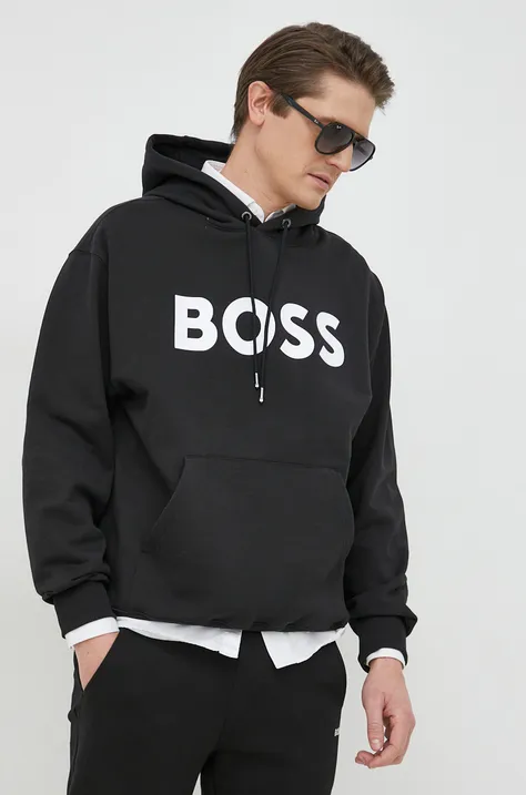 Βαμβακερή μπλούζα BOSS χρώμα: μαύρο, με κουκούλα