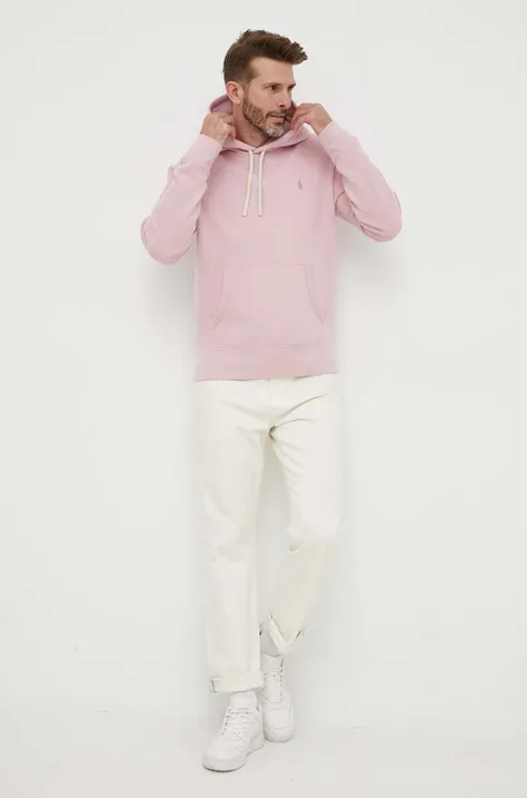 Кофта Polo Ralph Lauren мужская цвет розовый с капюшоном однотонная