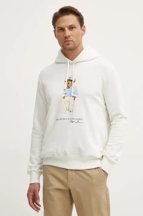 Polo Ralph Lauren bluza barbati, culoarea alb, cu glugă, cu imprimeu