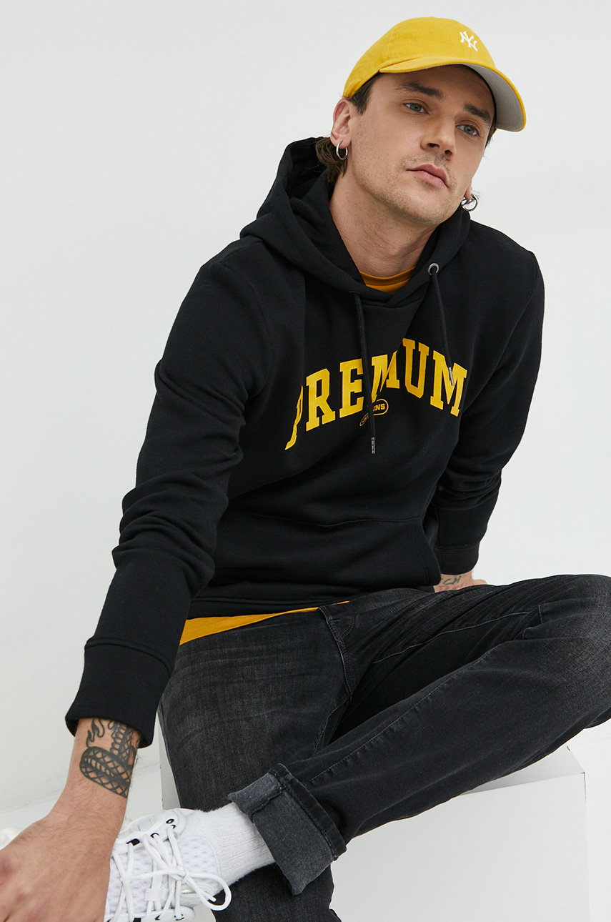 Mikina Premium by Jack&Jones pánska, čierna farba, s kapucňou, s potlačou