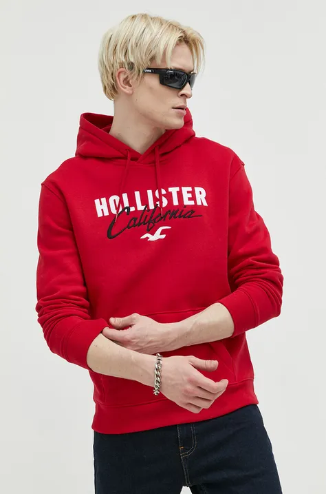 Hollister Co. bluza męska kolor czerwony z kapturem z aplikacją