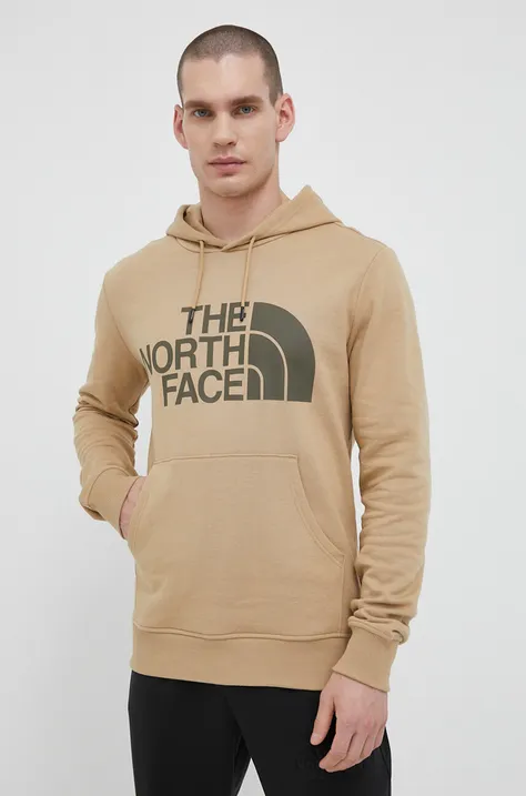 The North Face bluza bawełniana męska kolor beżowy z kapturem z nadrukiem