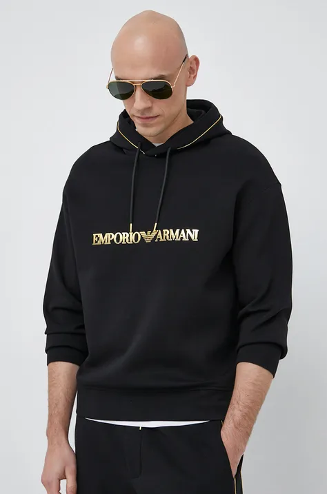 Кофта Emporio Armani чоловіча колір чорний з капюшоном з принтом