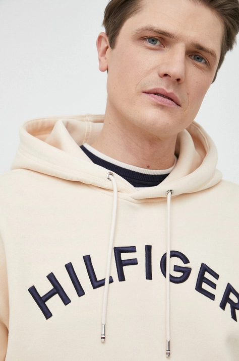 Bluza Tommy Hilfiger moška, bež barva, s kapuco