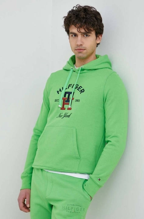 Tommy Hilfiger hanorac de bumbac barbati, culoarea verde, cu glugă, cu imprimeu