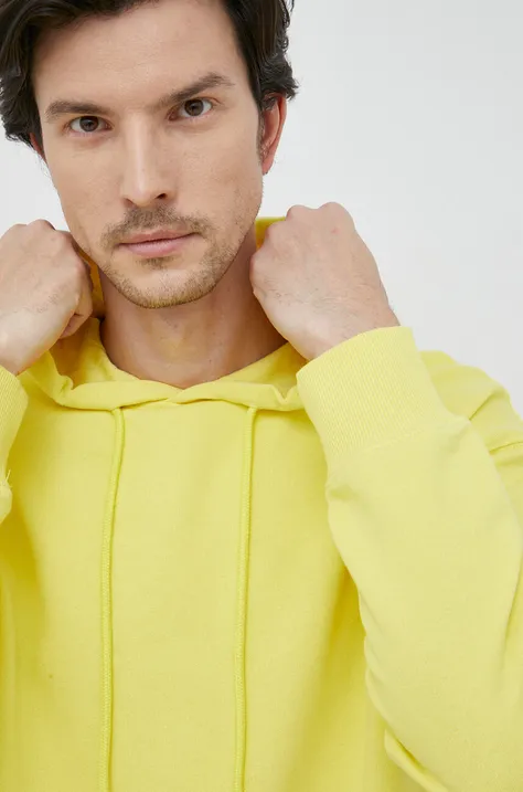 Хлопковая кофта United Colors of Benetton мужская цвет жёлтый с капюшоном однотонная