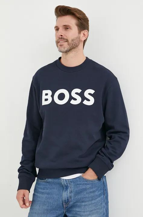 Bombažen pulover BOSS BOSS ORANGE moški, mornarsko modra barva
