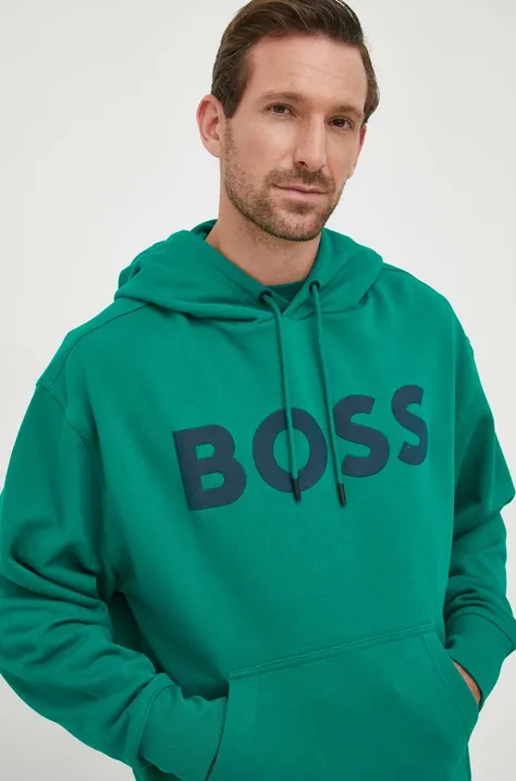 Bavlnená mikina BOSS BOSS ORANGE pánska, zelená farba, s kapucňou, s potlačou