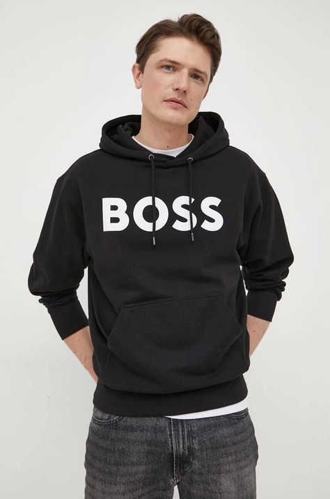 Bavlněná mikina BOSS BOSS ORANGE pánská, černá barva, s kapucí, s potiskem