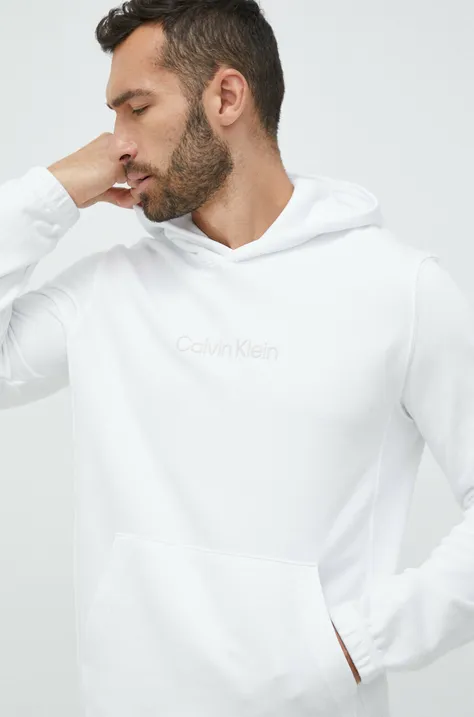 Tepláková mikina Calvin Klein Performance Essentials biela farba, s kapucňou, jednofarebná