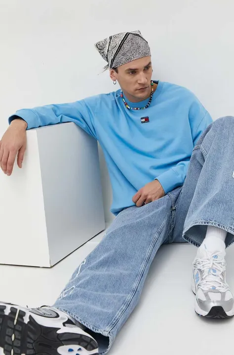 Tommy Jeans bluza bawełniana męska kolor niebieski z aplikacją