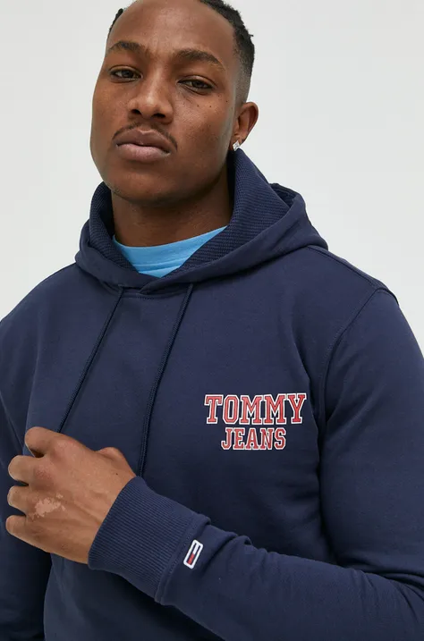 Pamučna dukserica Tommy Jeans za muškarce, boja: tamno plava, s kapuljačom, s tiskom