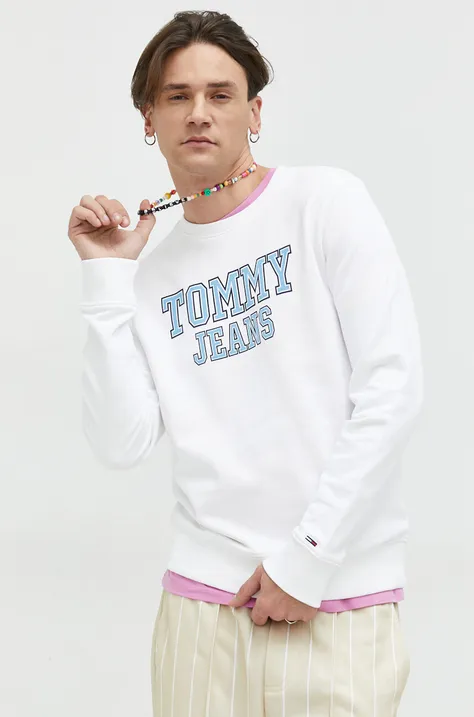 Tommy Jeans hanorac de bumbac barbati, culoarea alb, cu imprimeu