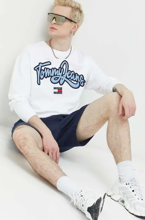 Bombažen pulover Tommy Jeans moška, bela barva