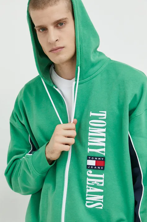 Кофта Tommy Jeans мужская цвет зелёный с капюшоном с аппликацией