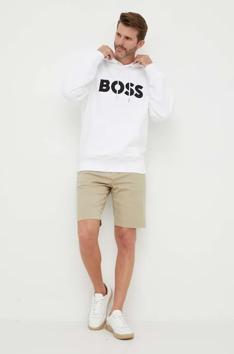 Хлопковая кофта BOSS мужская цвет белый с капюшоном с аппликацией