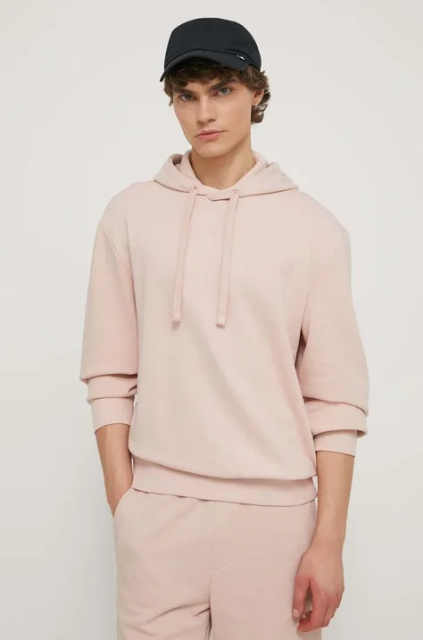 Хлопковая кофта HUGO мужская цвет розовый с капюшоном однотонная