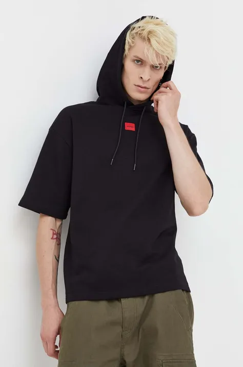 Βαμβακερή μπλούζα HUGO χρώμα: μαύρο, με κουκούλα