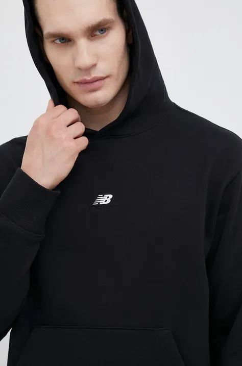 Βαμβακερή μπλούζα New Balance χρώμα μαύρο, με κουκούλα MT31502BK
