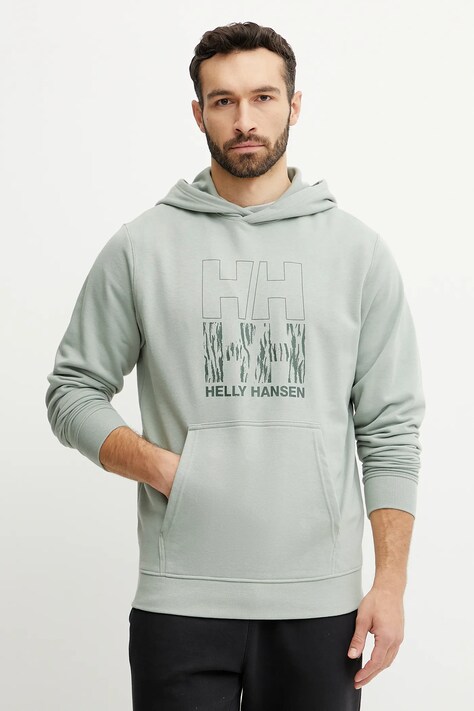 Helly Hansen bluza barbati, culoarea verde, cu glugă, cu imprimeu